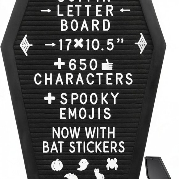 Coffin Letter Board Black +3D Bat Stickers +650 Characters Spooky & Seasonal Em